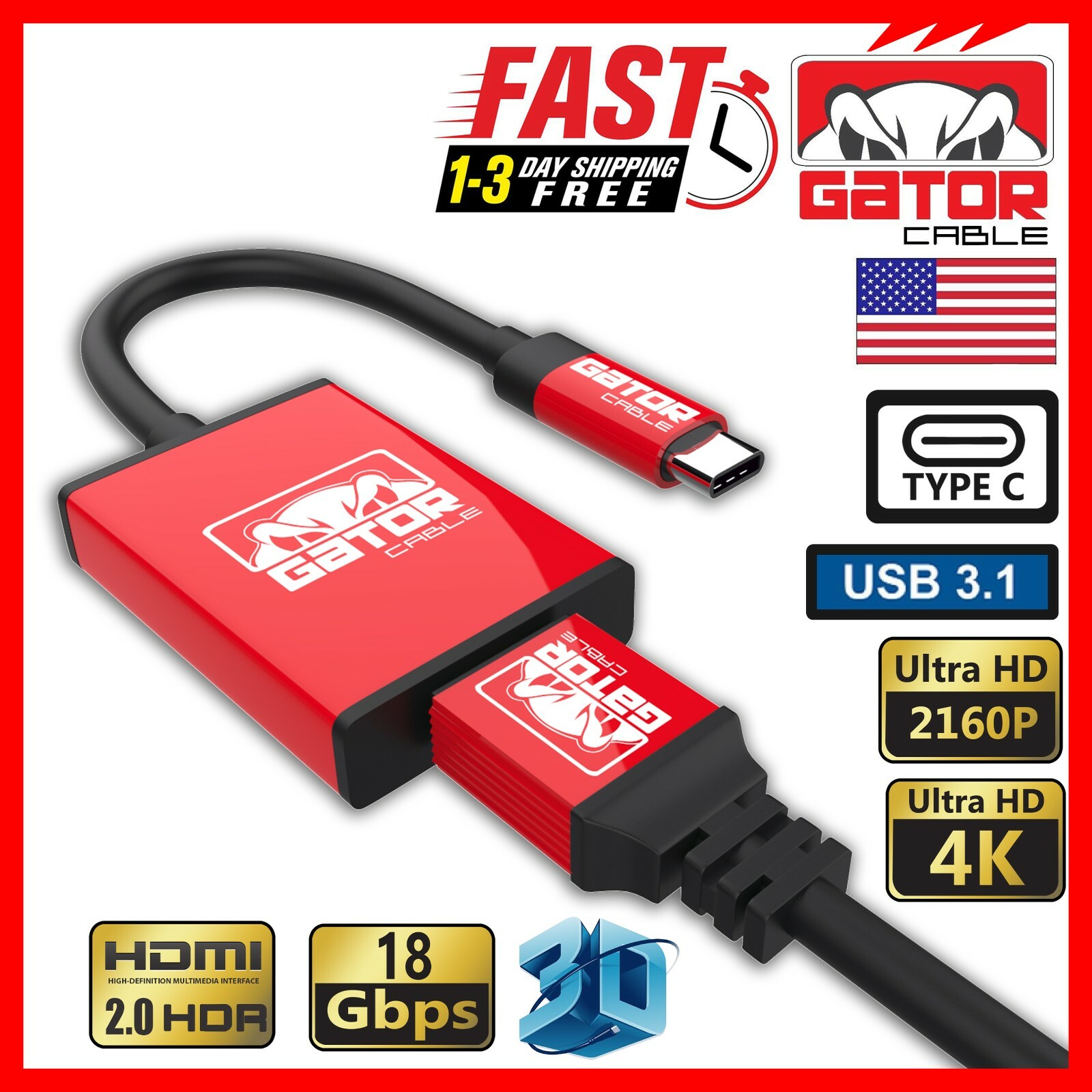 USB-C Type-C to HDMI HDTV Cable Adapter 4K Audio Video AV 60Hz 18Gbps Mac PC 3FT