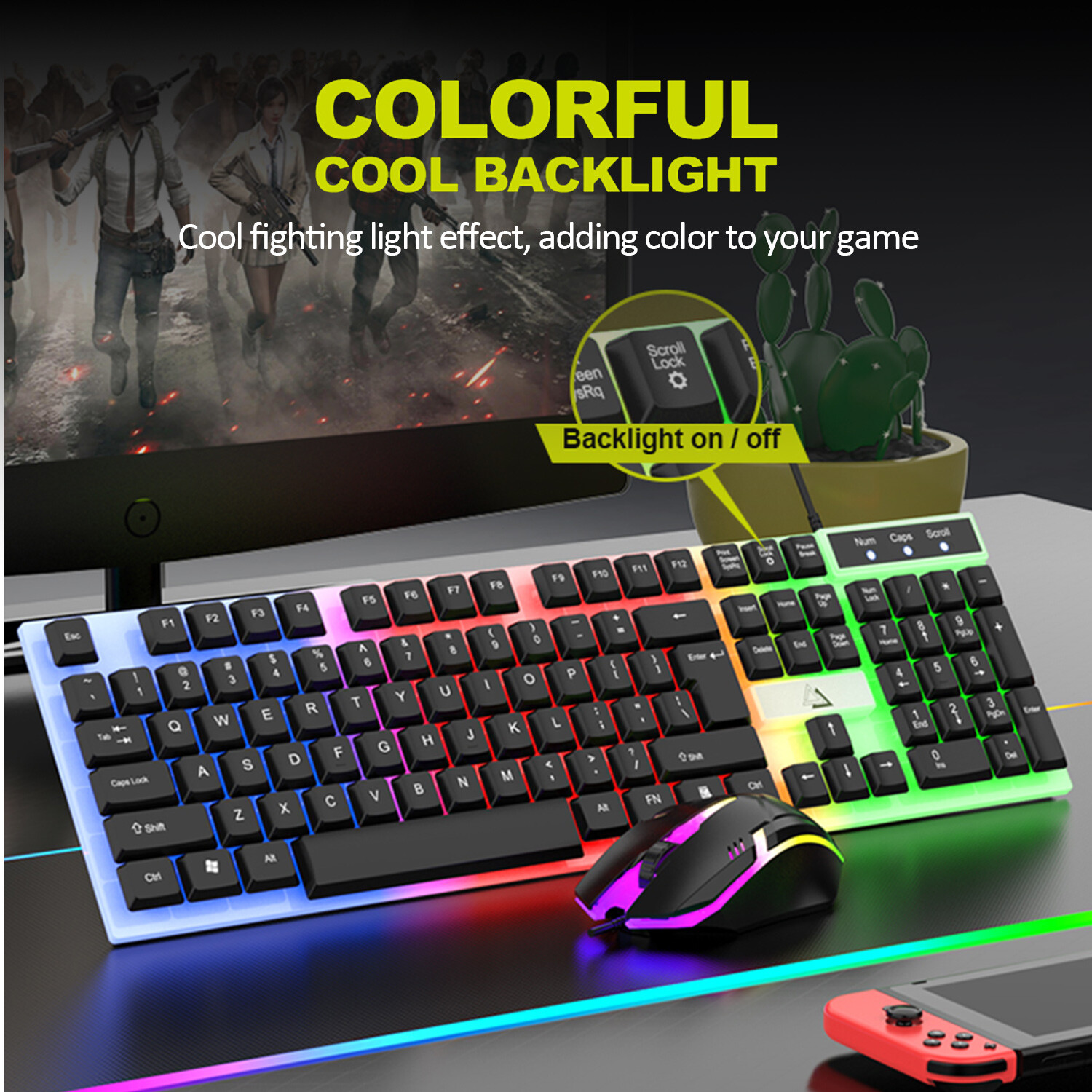 RGB Mouse & Backlit Keyboard, 104-Key Suspension Keycap, Wired USB for PC