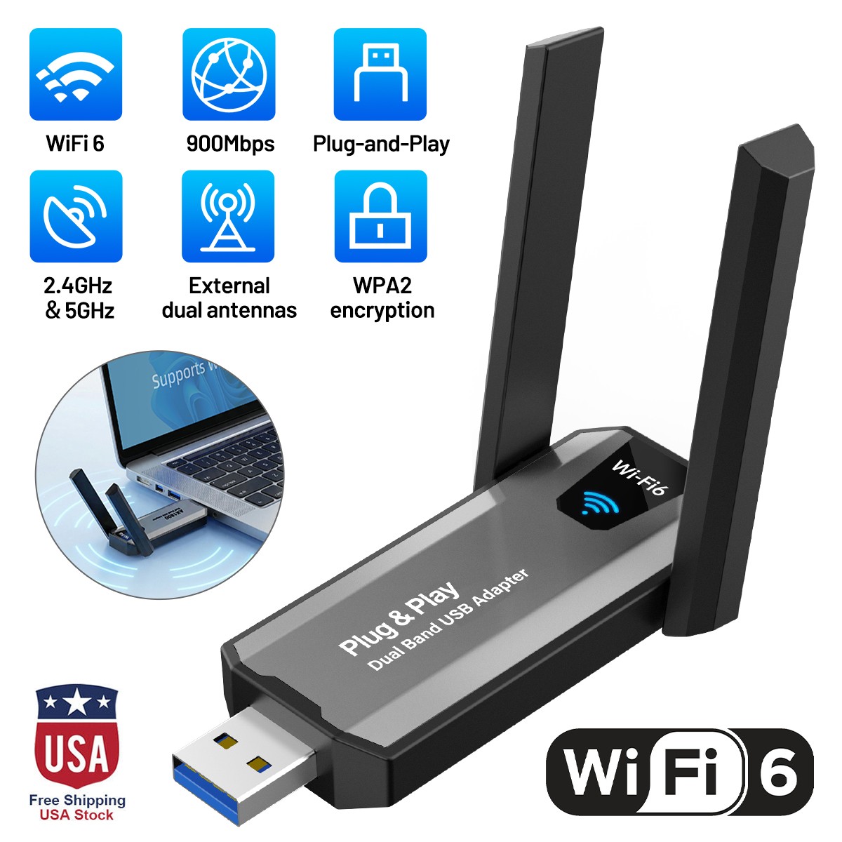 WiFi 6 USB Adapter Bluetooth 5.4 Dongle Dual Band AX900 Wireless Network for PC