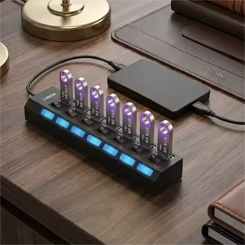 LOBKIN USB 2.0 Hub Splitter Box 7 Ports Individual Switches Blue LED Black