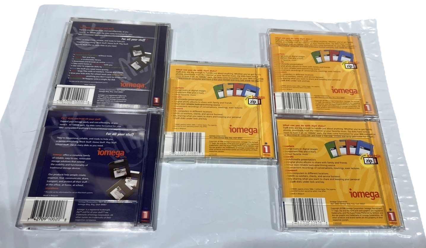 Lot of 5 iomega Zip Disk 100 USED 100MB Storage Capacity Blank Mac Or PC Format