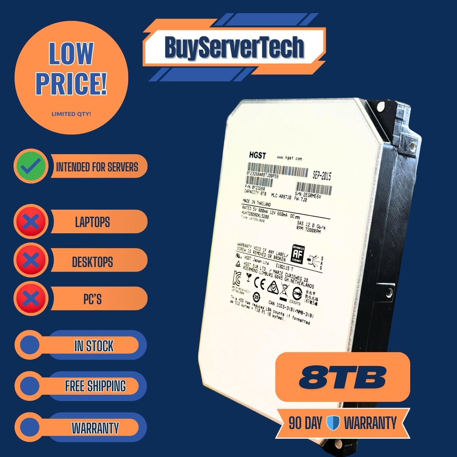 HGST 0F23268 8TB SAS 12Gb/s 3.5″ HUH728080AL5200 Enterprise HDD 7200RPM 512e HDD