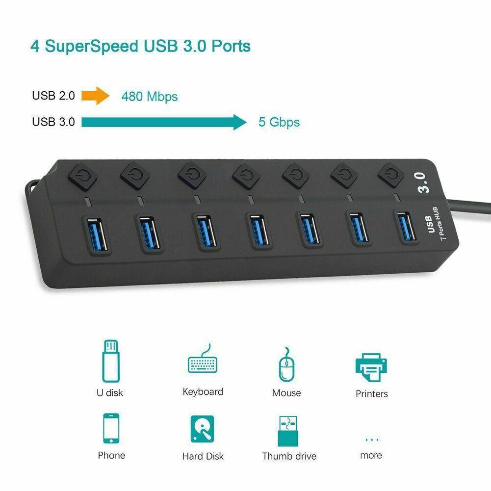 7 Port USB 3.0 Hub Splitter Adapter On/Off Switch High Speed For PC Laptop Mac
