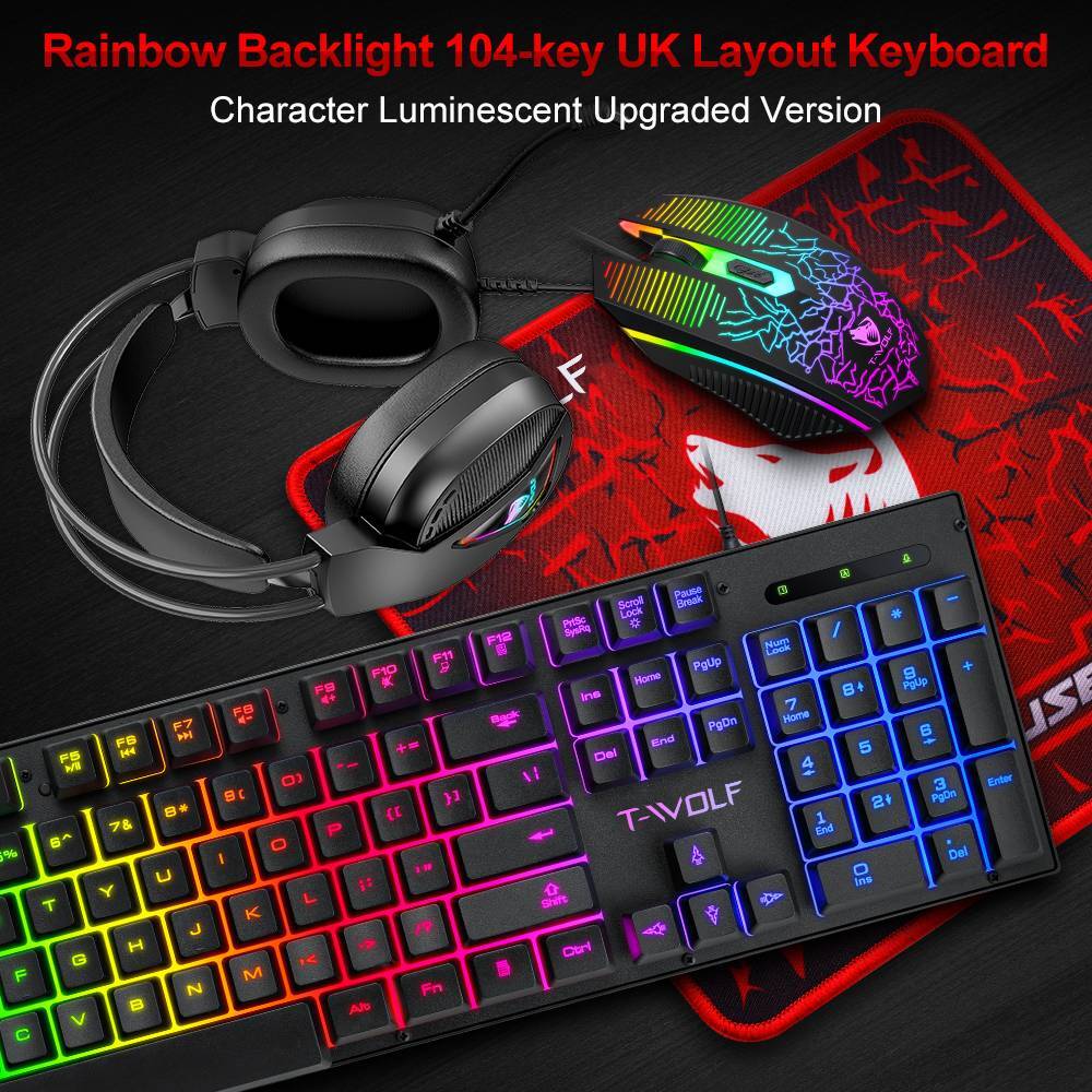 4 in 1 Gaming Keyboard Mouse & Headset & Mouse Pad Set RGB LED Gamer PC Bundle