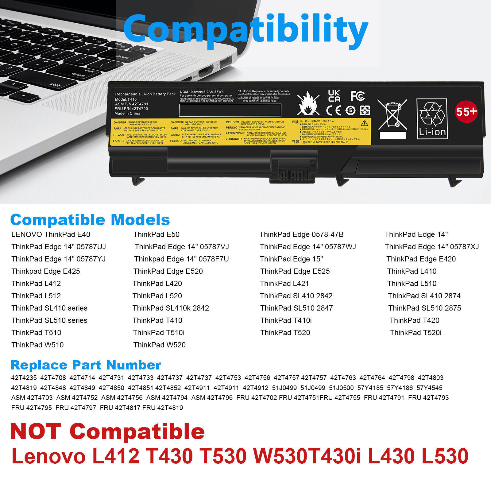 6/9 Cell Battery for Lenovo Thinkpad T410 W510 T510 T520 SL410 SL510 / Charger
