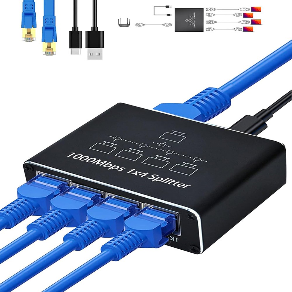 RJ45 Gigabit Ethernet Splitter 1000Mbps LAN Network Internet 1 to 4 Out Adapter