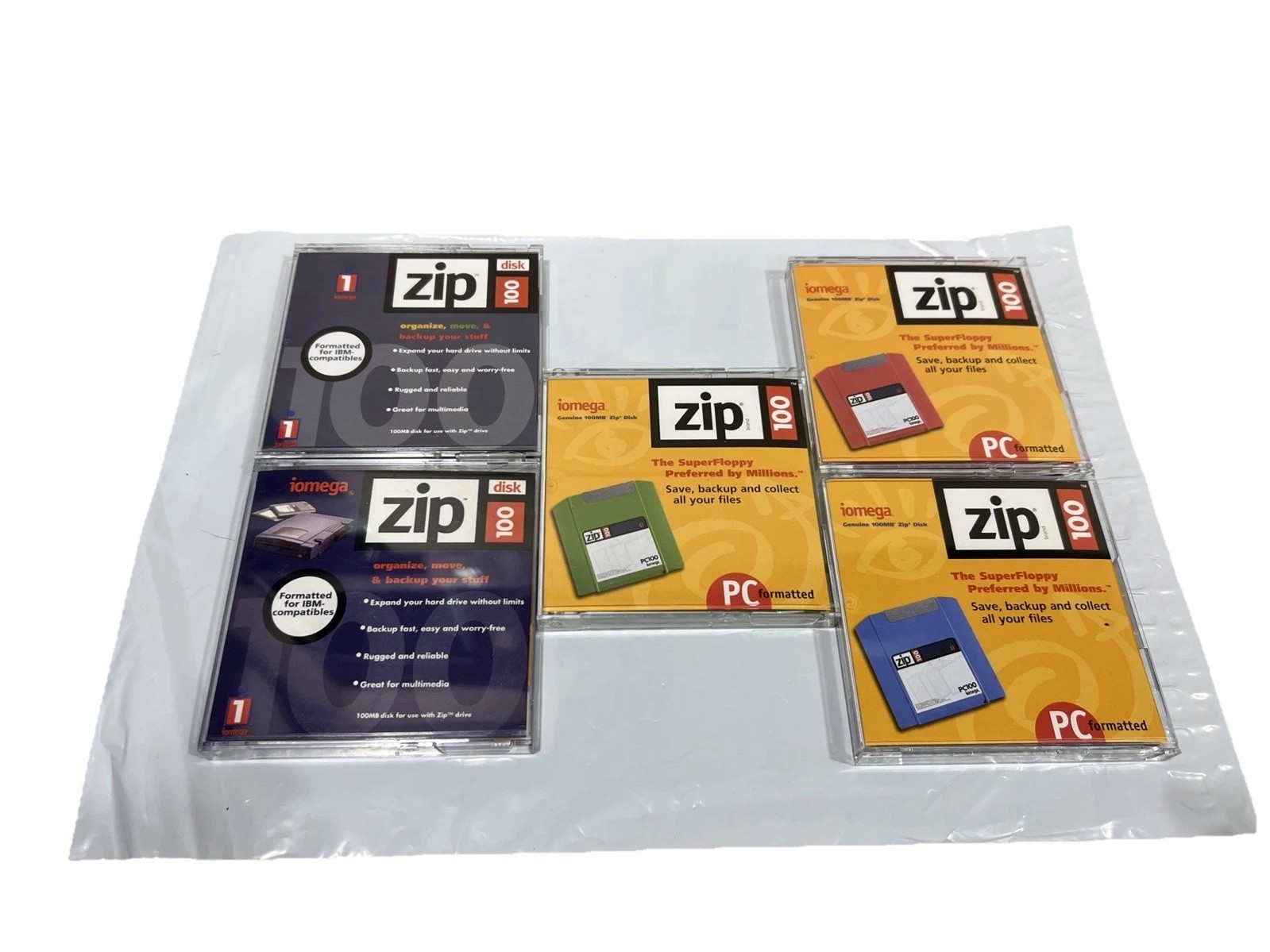 Lot of 5 iomega Zip Disk 100 USED 100MB Storage Capacity Blank Mac Or PC Format