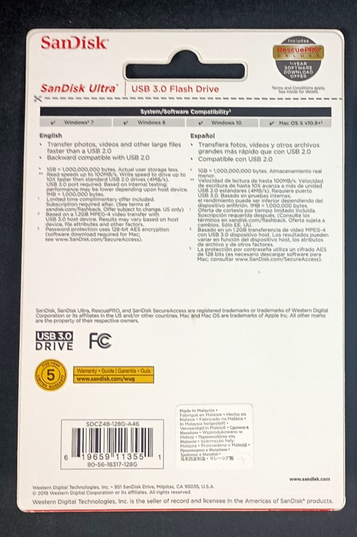 SanDisk 128GB Ultra USB 3.0 Flash Drive Black (SDCZ48-128G-A46) New in Package
