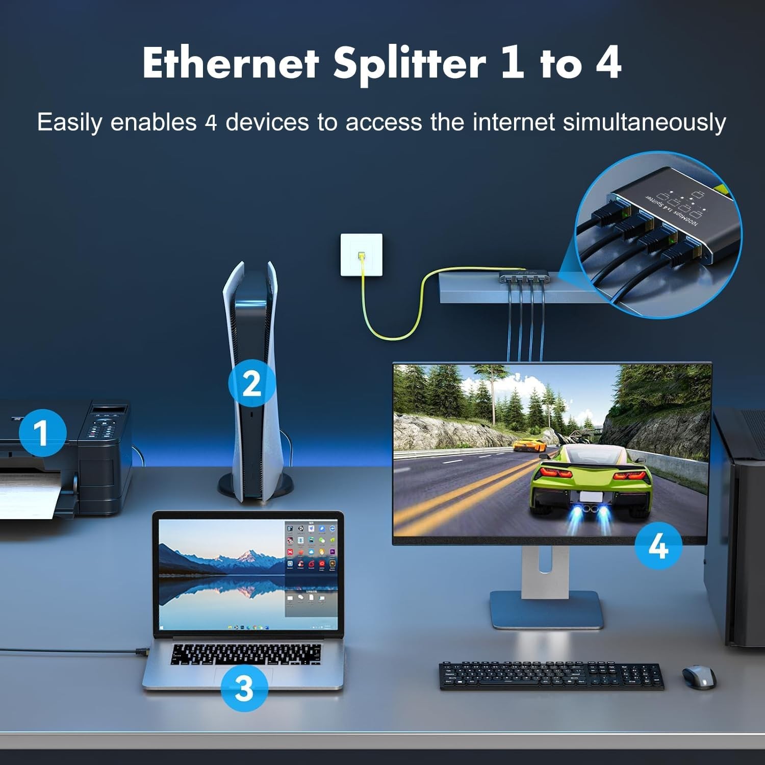 RJ45 Gigabit Ethernet Splitter 1000Mbps LAN Network Internet 1 to 4 Out Adapter