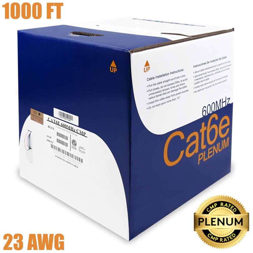 1000FT Cat6E Ethernet LAN Network CMP Plenum Cable 23AWG Copper Solid Wire White