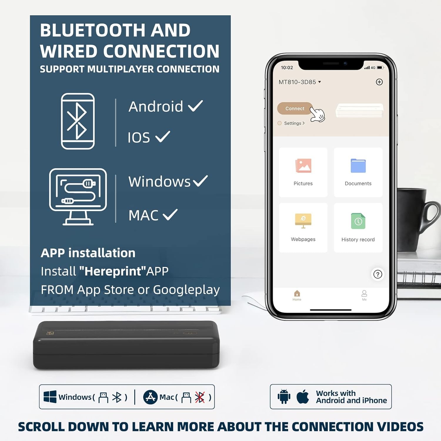 HPRT MT810 Portable Thermal Printer Bluetooth Wireless for Travel Mobile Office