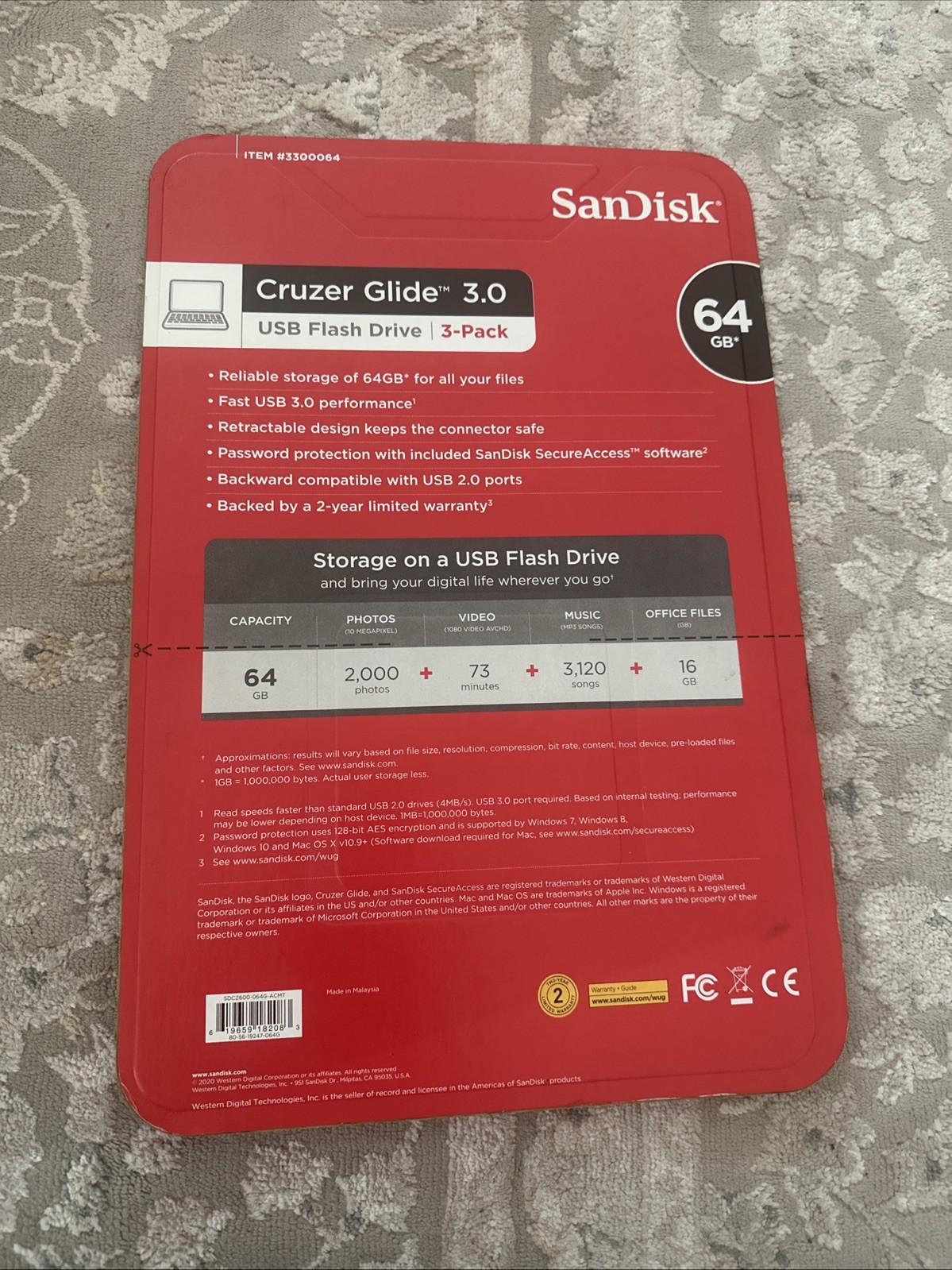 SanDisk Cruzer Glide 3.0 USB Flash Drive 64GB, 3-Pack New Sealed Package