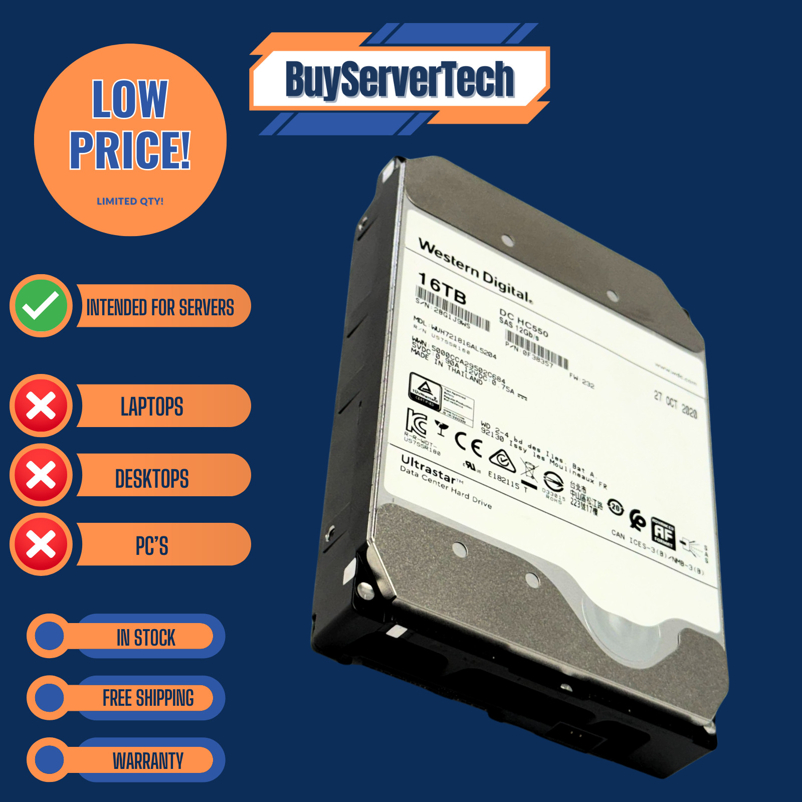 WD 0F38357 16TB HC550 7.2K SAS 3.5″ HDD WUH721816AL5204 | Grade A | 1YR