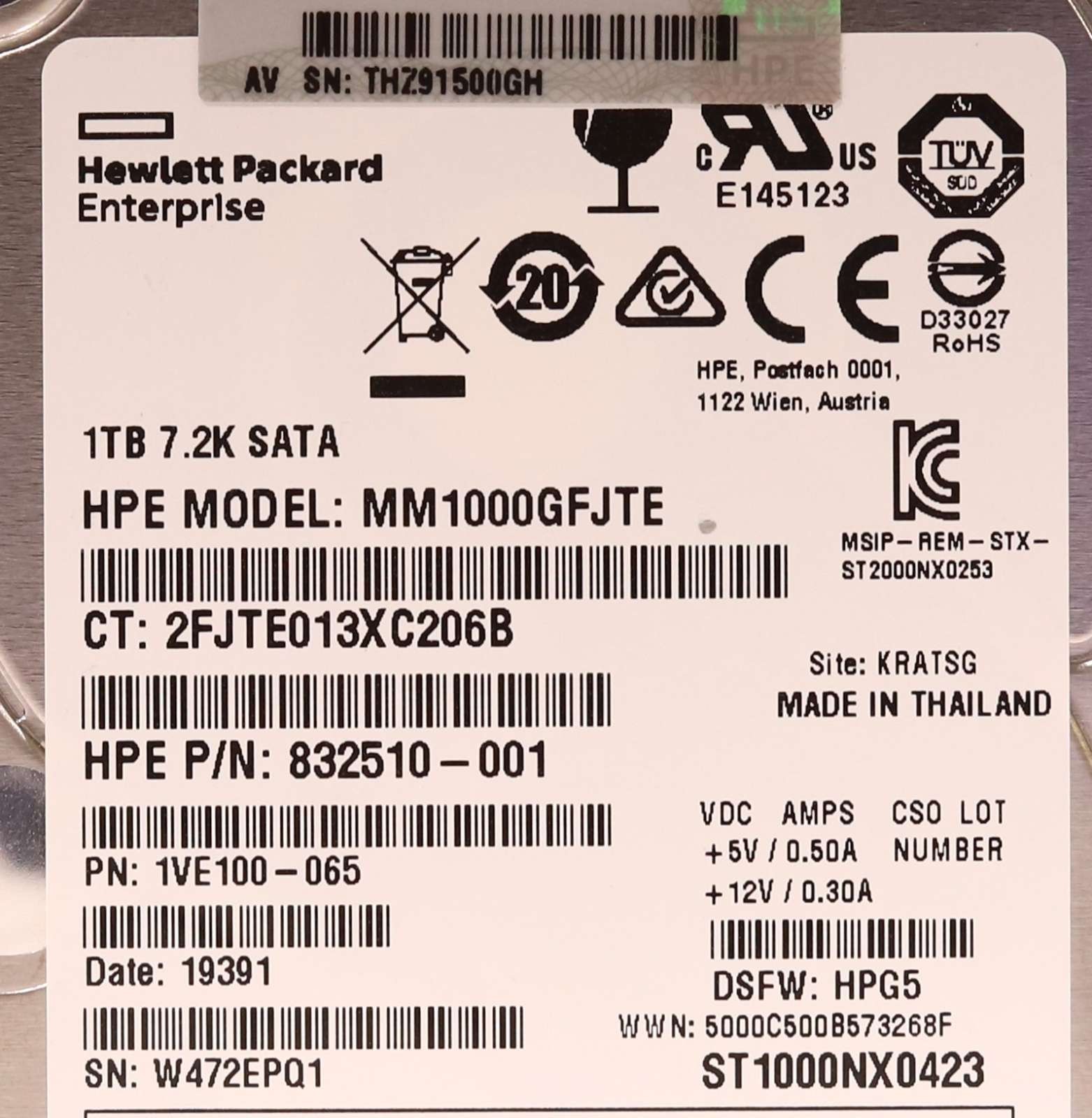 HPE MM1000GFJTE 1TB 2.5″ 6Gb/s 7.2K RPM SATA Hard Drive P/N: 832510-001 Tested