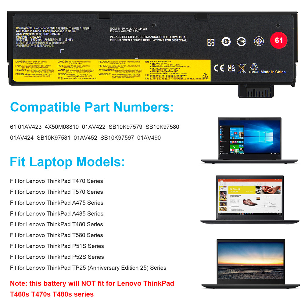 61++ Battery For Lenovo Thinkpad T470 T480 T570 T580 P51s P52s 01AV427 01AV423