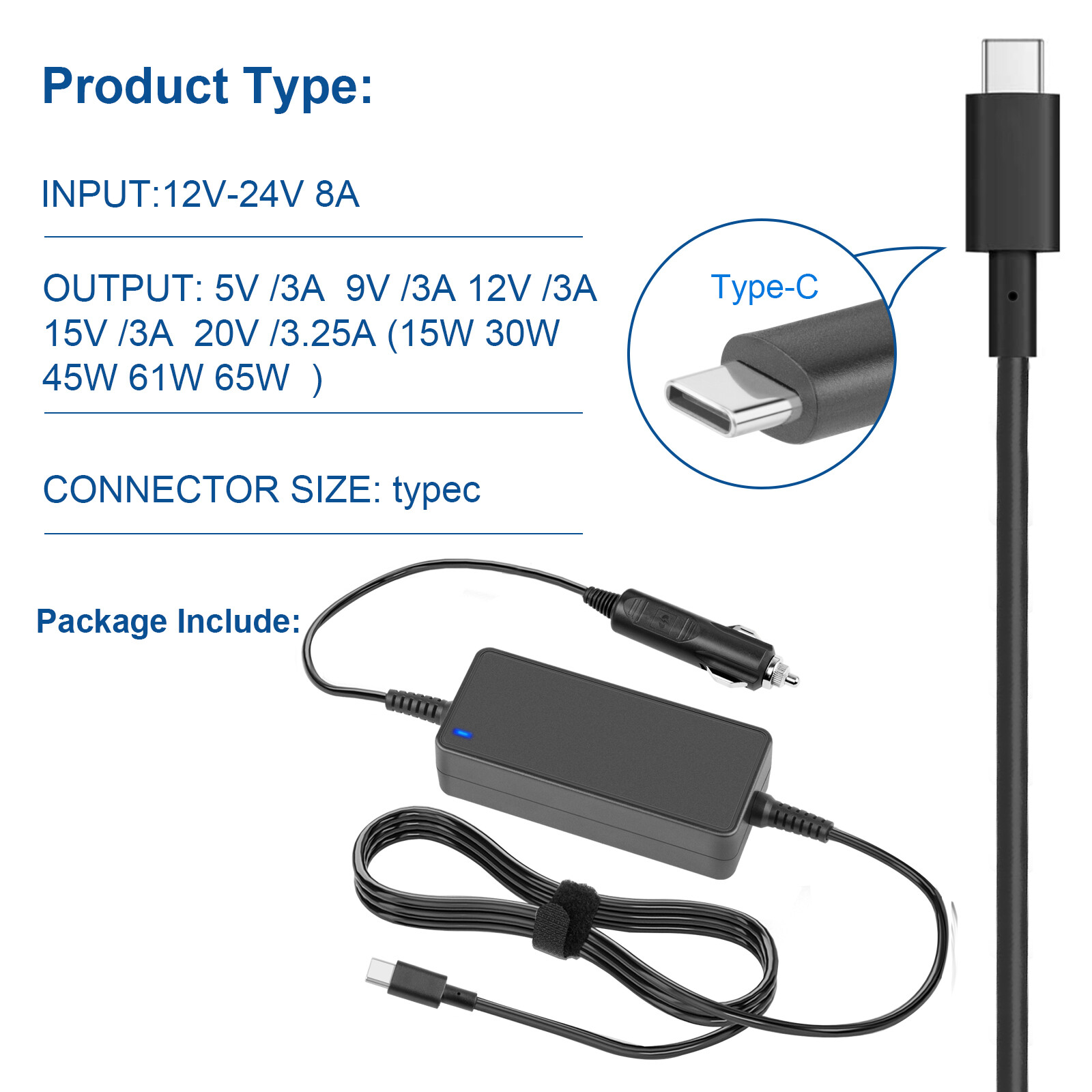 9V-32V DC To USB-C 65W Vehicle Car Charger For Laptops Tablets Smart Phones