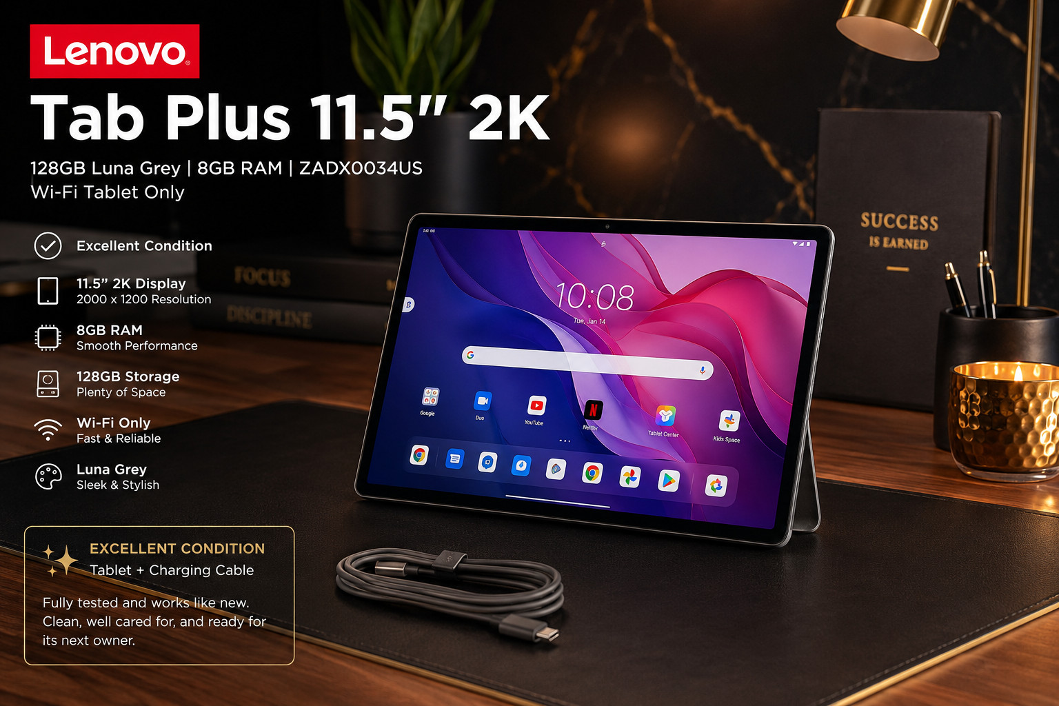 Lenovo Tab Plus 11.5″ 2K 128GB Luna Grey 8GB RAM ZADX0034US Wi-Fi Tablet Only