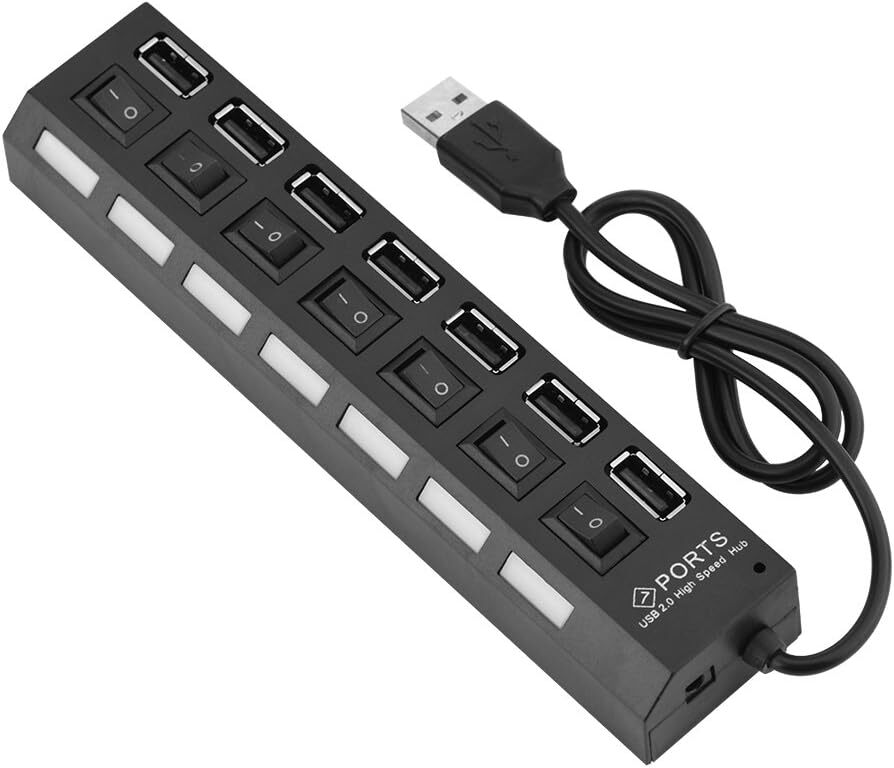 USB Hub 7 Port On/Off Switch High Speed Splitter AC Adapter Cable PC Laptop Lot