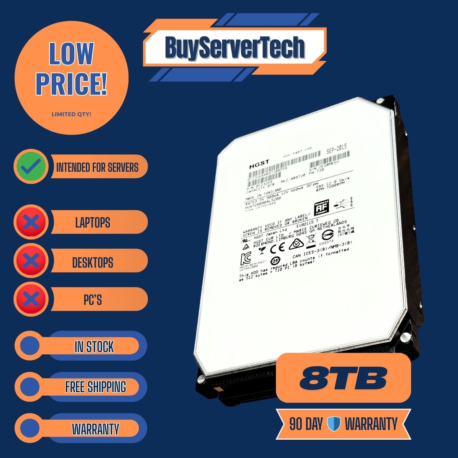 HGST 0F23268 8TB SAS 12Gb/s 3.5″ HUH728080AL5200 Enterprise HDD 7200RPM 512e HDD