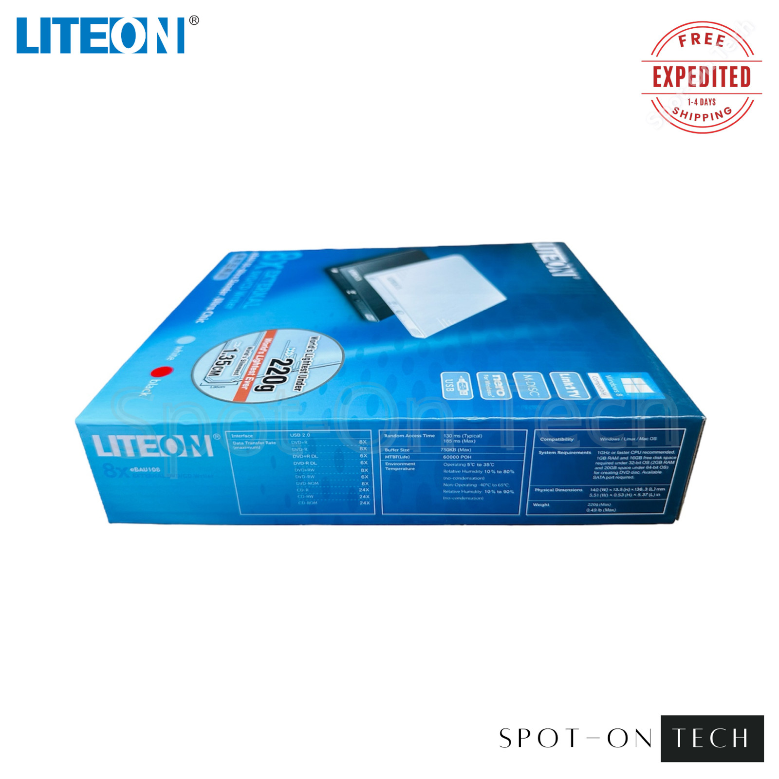 LITE-ON 8x External DVD/CD Writer Drive Black eBAU108 Ultra Slender M-Disc 2022