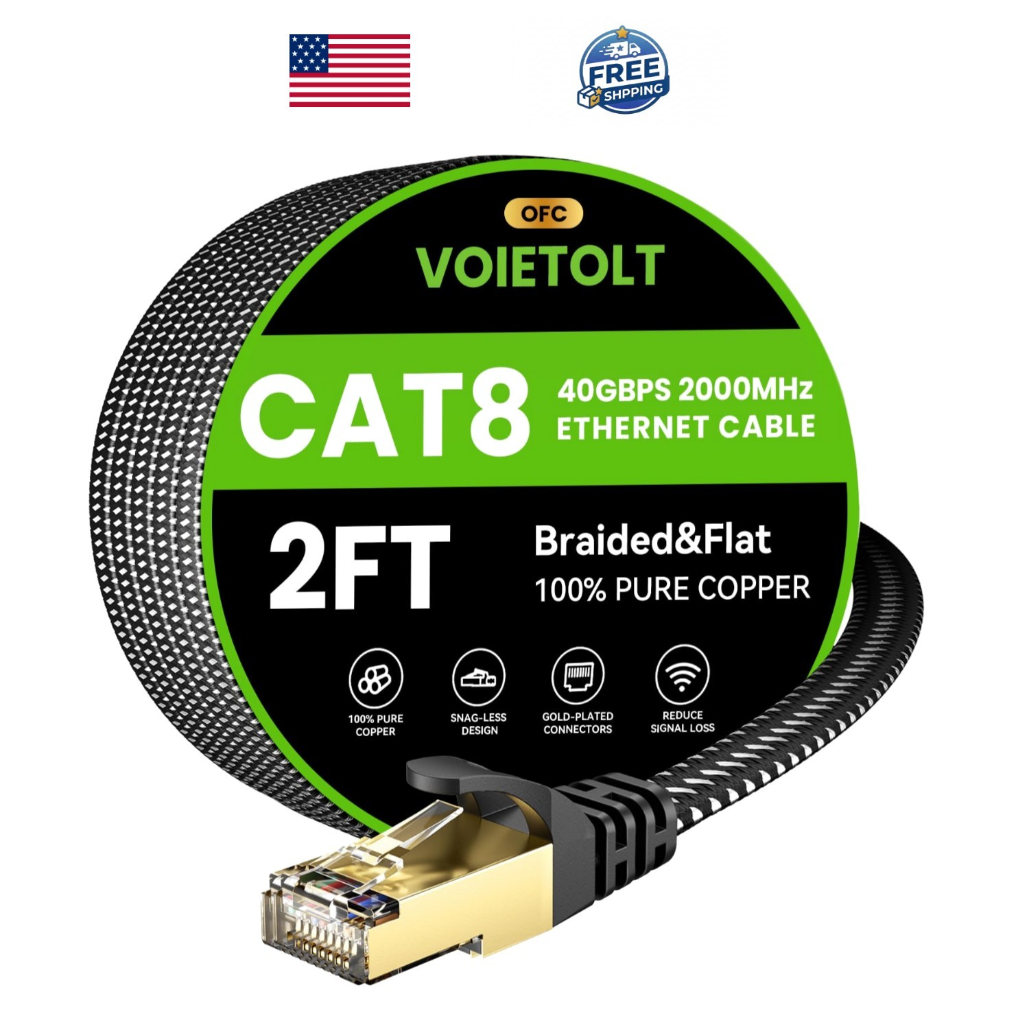 Heavy Duty Cat 8 Ethernet Cable 1FT – Flexible 40Gbps Braided Networking Cord