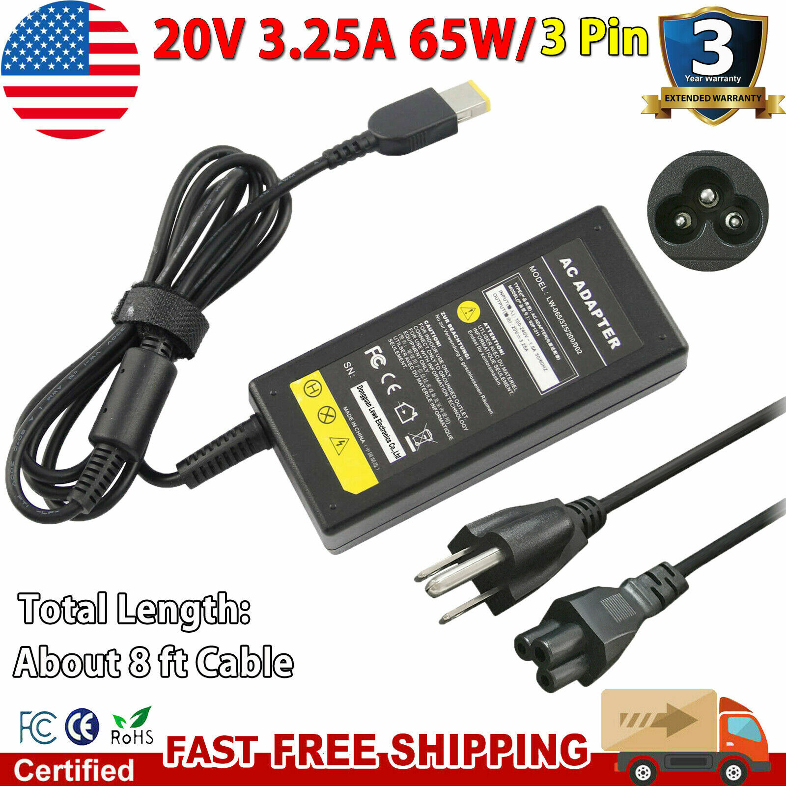 For Lenovo ThinkPad Laptop AC Charger Adapter 65W 20V 3.25A – SQUARE SLIM TIP