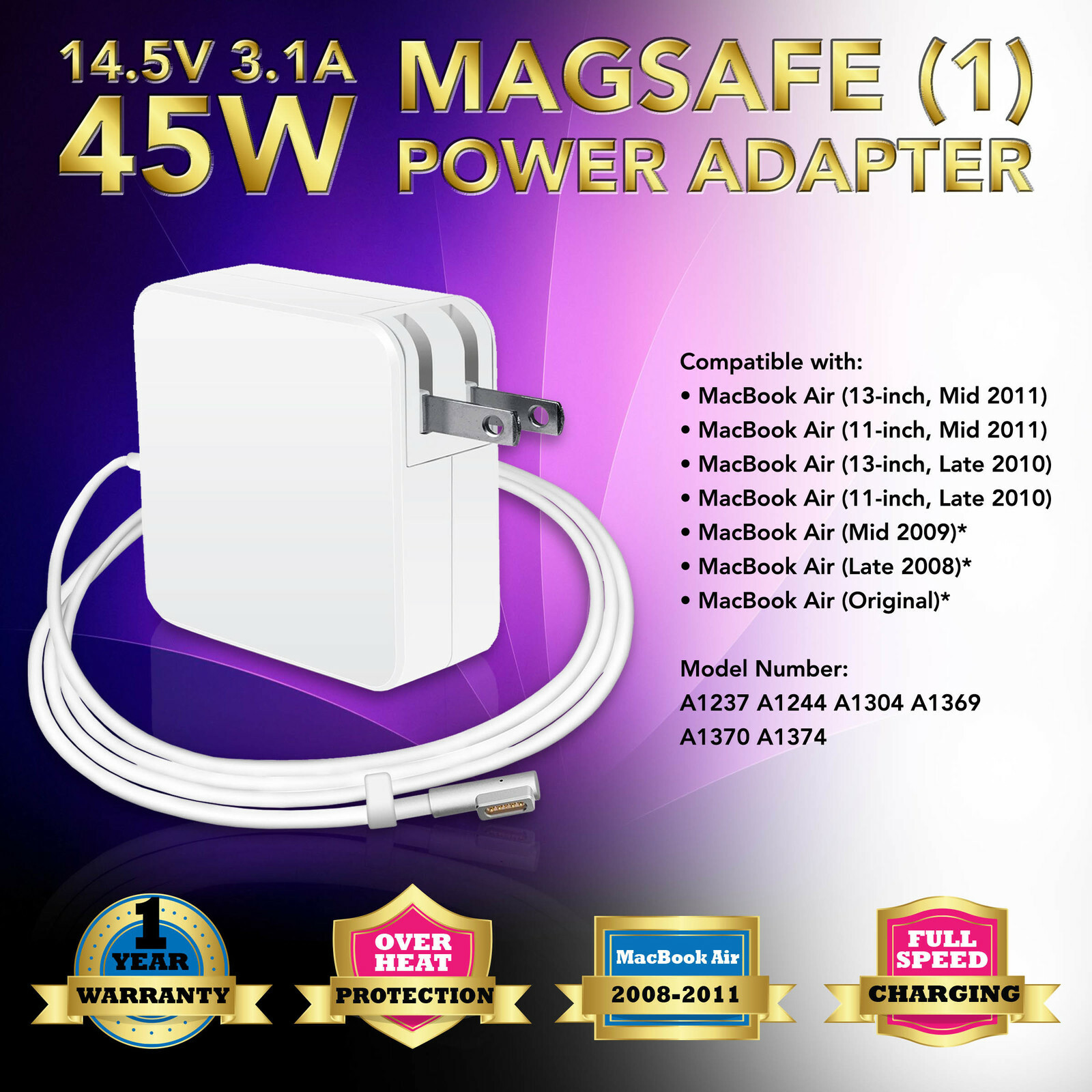 AC Adapter Charger for Apple Macbook Air 11″ 13″ Late 2008 2009 2010 2011, L-Tip