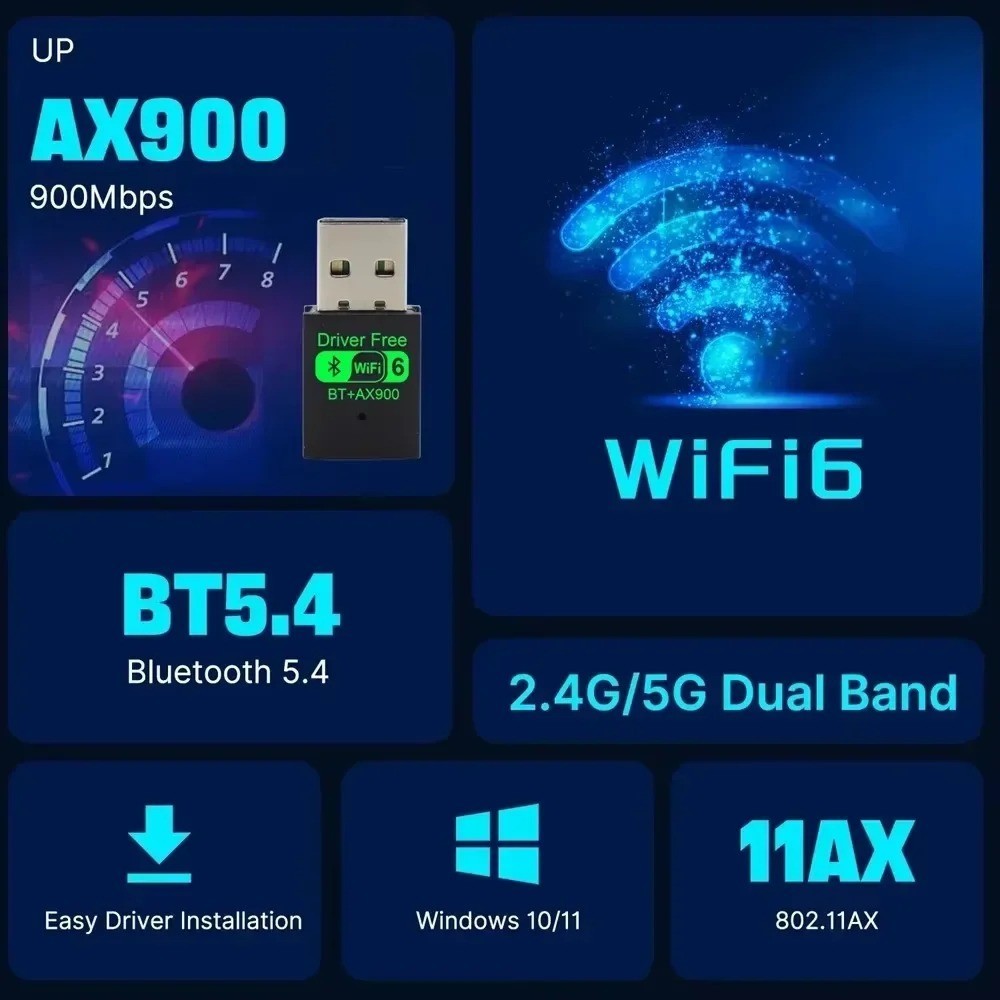 USB WiFi-6 900Mbps 2 in 1 Dongle 2.4G 5GHz Dual Band & BT 5.4 Win10,11 Free ship