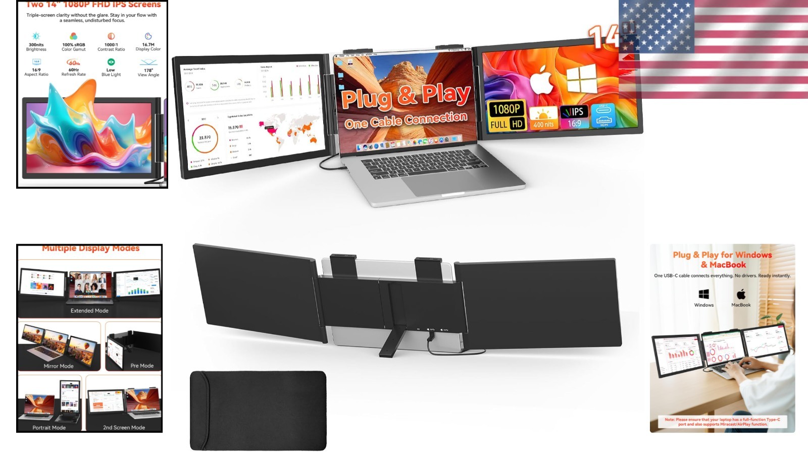 14″ Laptop Screen Extender, USB-C HDMI, Wireless Dual Screen