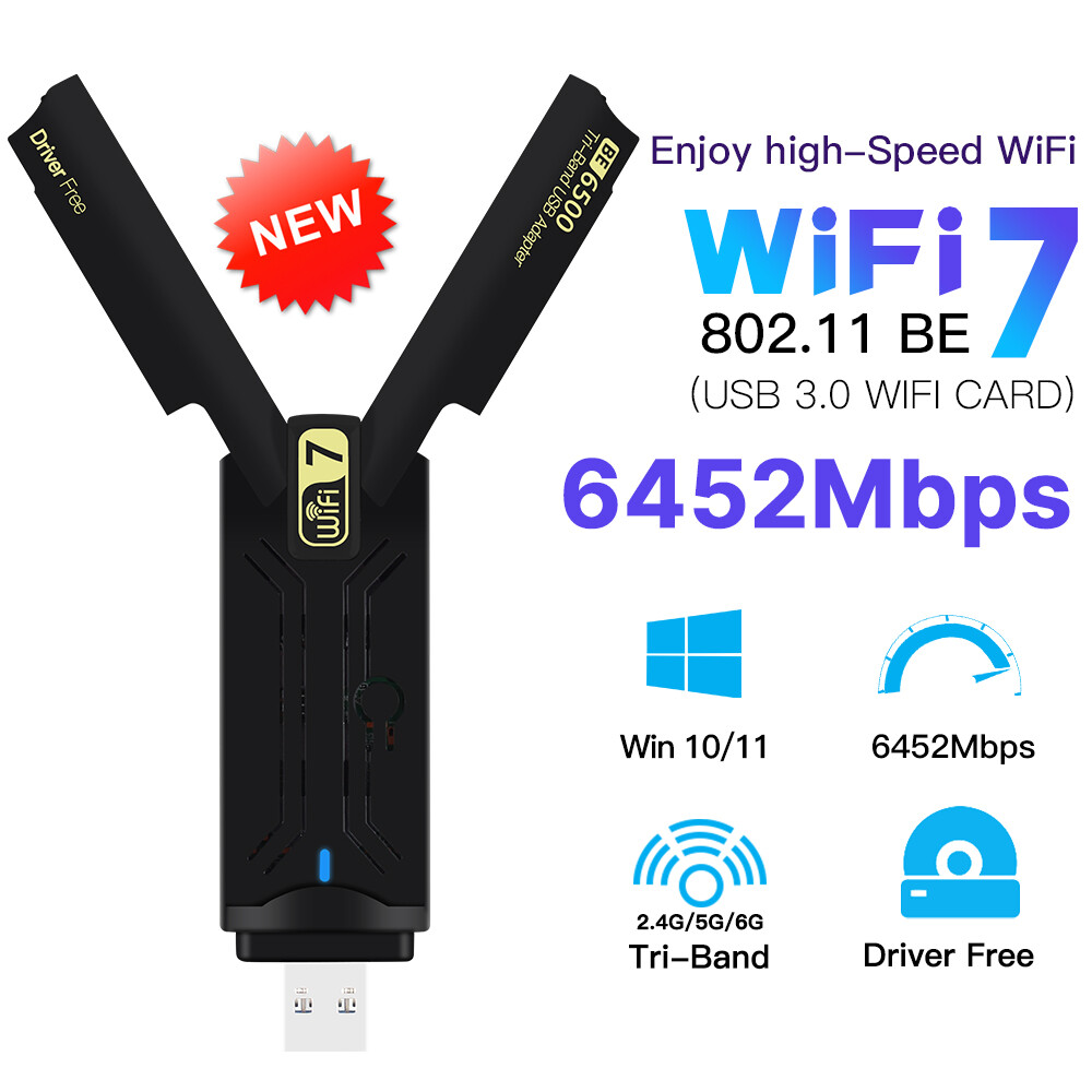 USB3.0 BE6500 WiFi 7 Tri-band 6500Mbps Wireless Network Adapter for Desktop PC