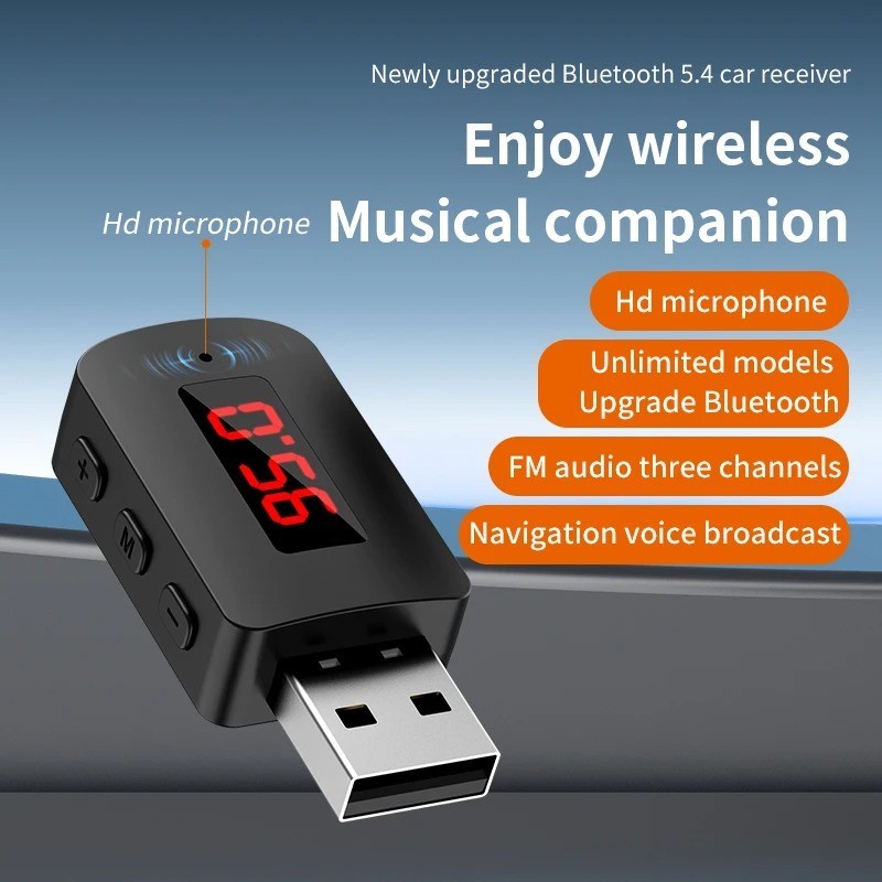 Bluetooth 5.4 Mini USB Receiver with LED Display Handsfree Call Car Kit for FM