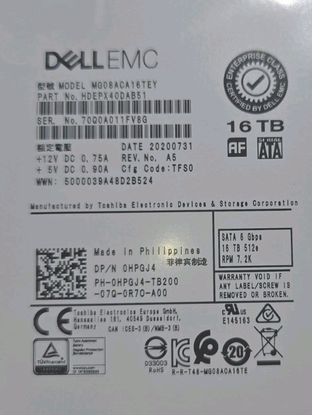 Dell EMC MG08ACA16TEY HDEPX40DAB51 16TB 3.5 inch 6G SATA Hard Drive Tested