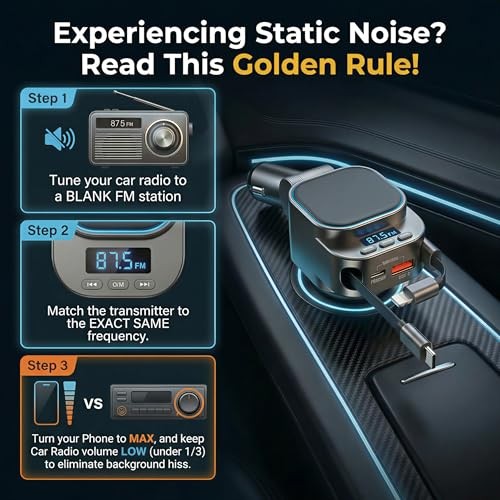 Bluetooth Car Adapter FM Transmitter, 96W Retractable Charger, 4-in-1