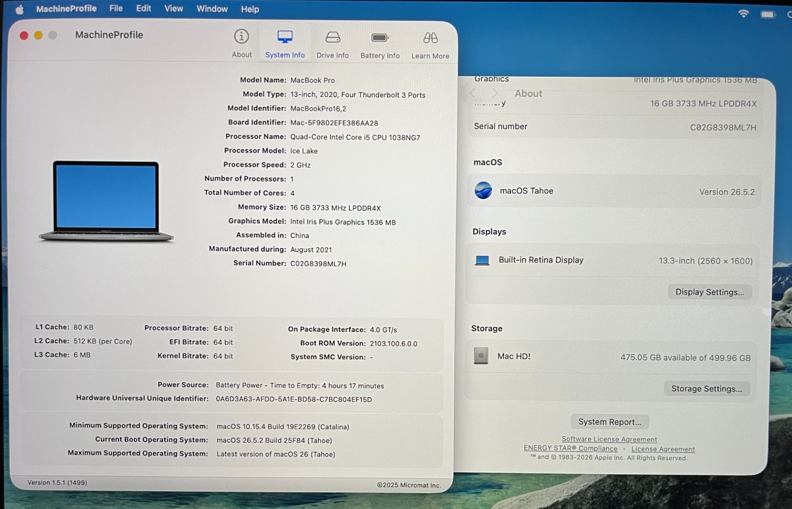 2020 MacBook Pro 13″ i5-1038NG7 @ 2.00GHz 16GB Ram 512GB SSD Tahoe Touch Bar
