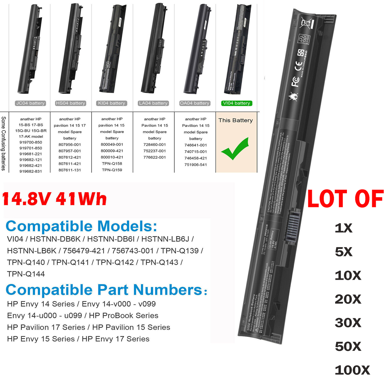 🧡LOT 1-100x V104 VI04 Battery HP ProBook 450 G2 G3 440 G2 756743-001 756478-422