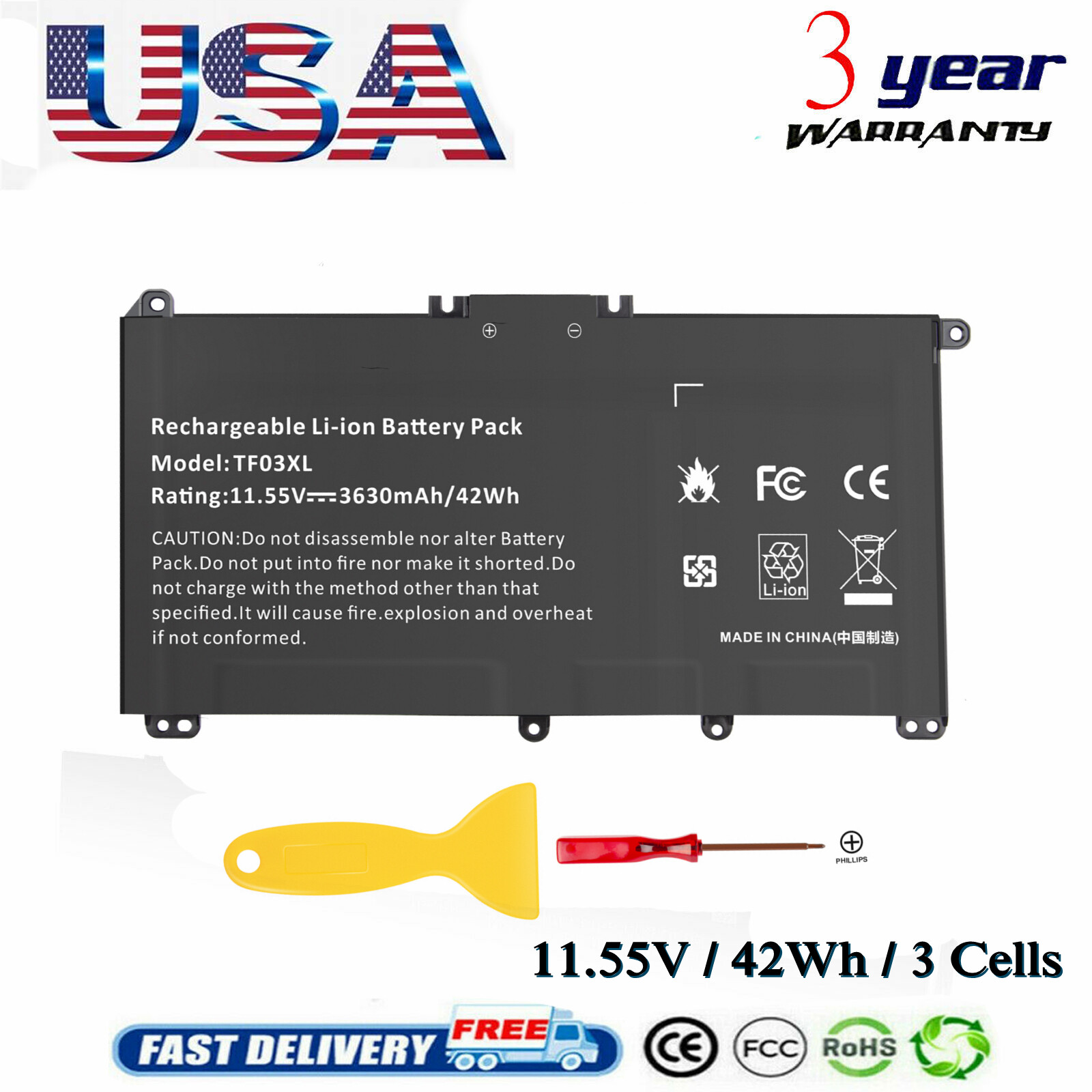 TF03XL Battery for HP Pavilion 11.55V 41.9WH 3630mAh 14-BF 14-BK 14-CD 15-CC