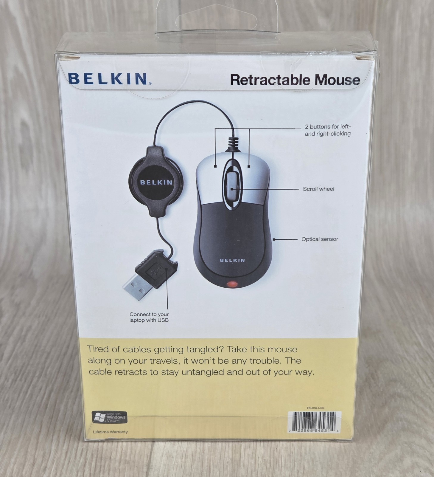Belkin Mini Wired Travel Mouse Optical Scroll Retractable USB Cable Compact