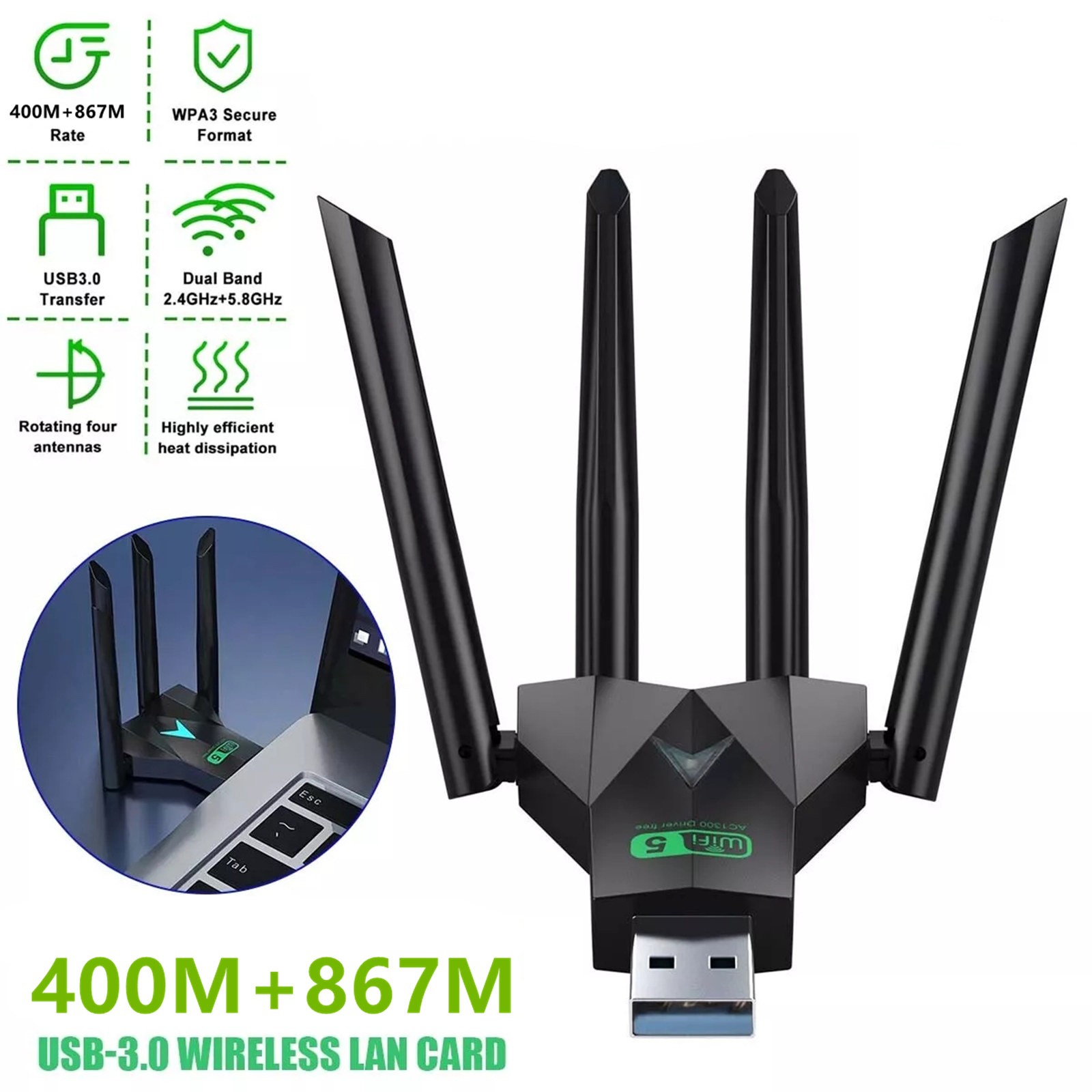 USB 3.0 Wireless WIFI Adapter Long Range Dongle Dual Band 400mbps 867mbps