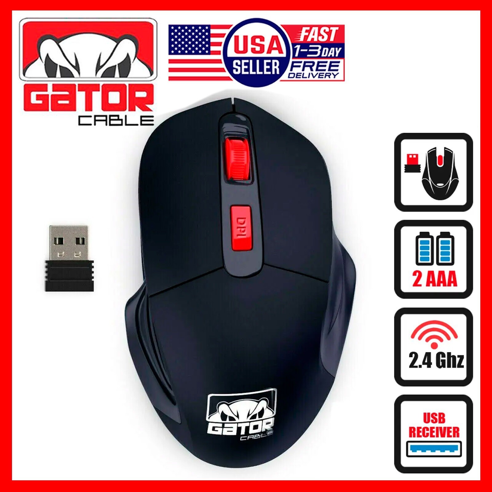 Wireless Optical Mouse Ergonomic USB Receiver 2.4GHz for Laptop PC Computer Mac
