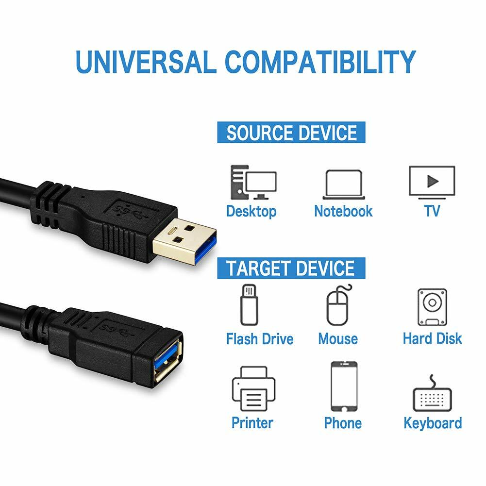 USB 3.0 Extension Extender Cable Cord M/F Standard Type A Male to Female Black