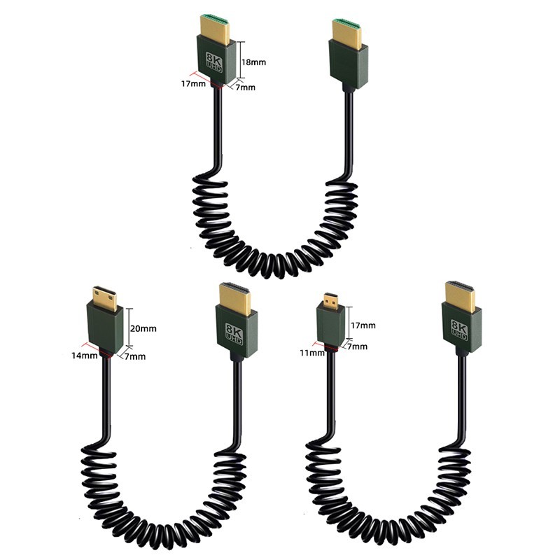 8K HDMI to MINI/Micro HDMI Coiled Cable 90 Degree Angled 2.1 Cable for Camera PC