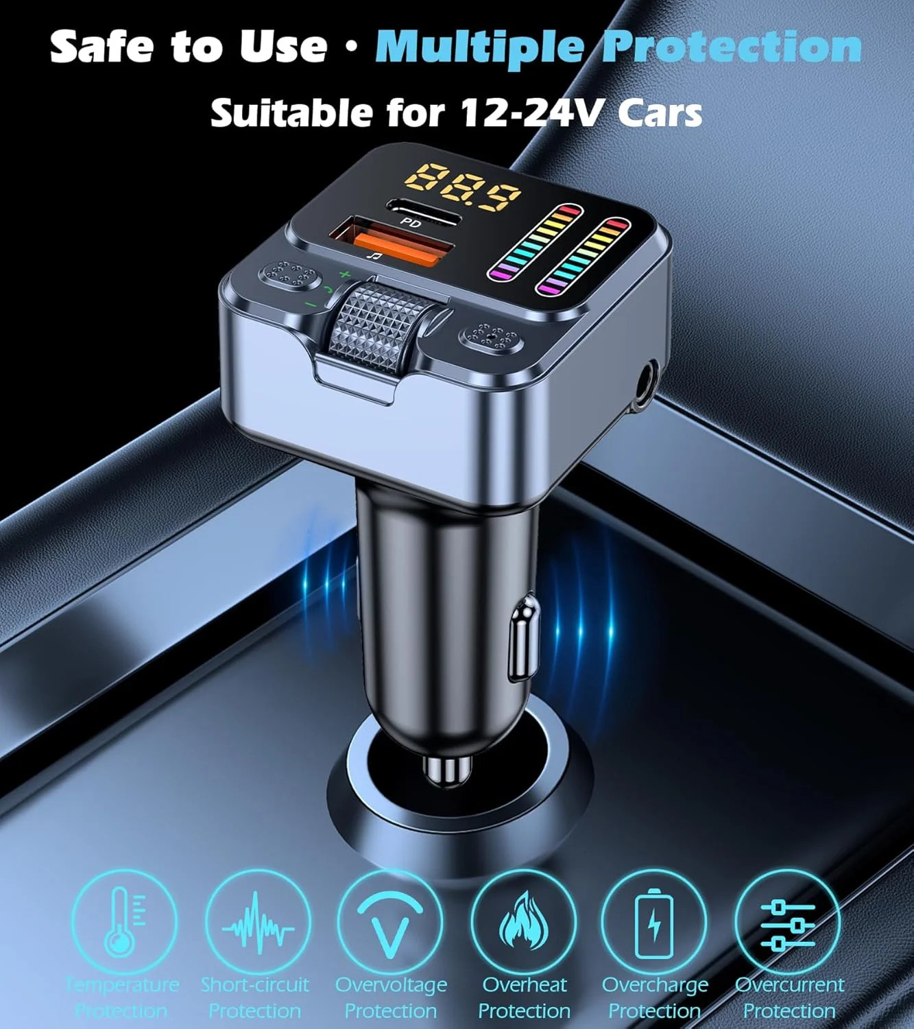 Bluetooth 5.3 FM Transmitter Car Adapter 42W PD Fast Charger Handsfree