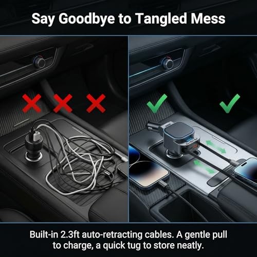Bluetooth Car Adapter FM Transmitter, 96W Retractable Charger, 4-in-1