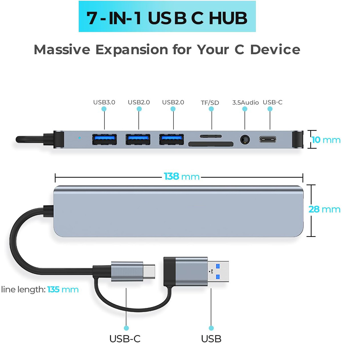 USB 3.0 Hub 8 Port Extender Splitter AC Adapter Cable PC Laptop TF/SD Card iPad