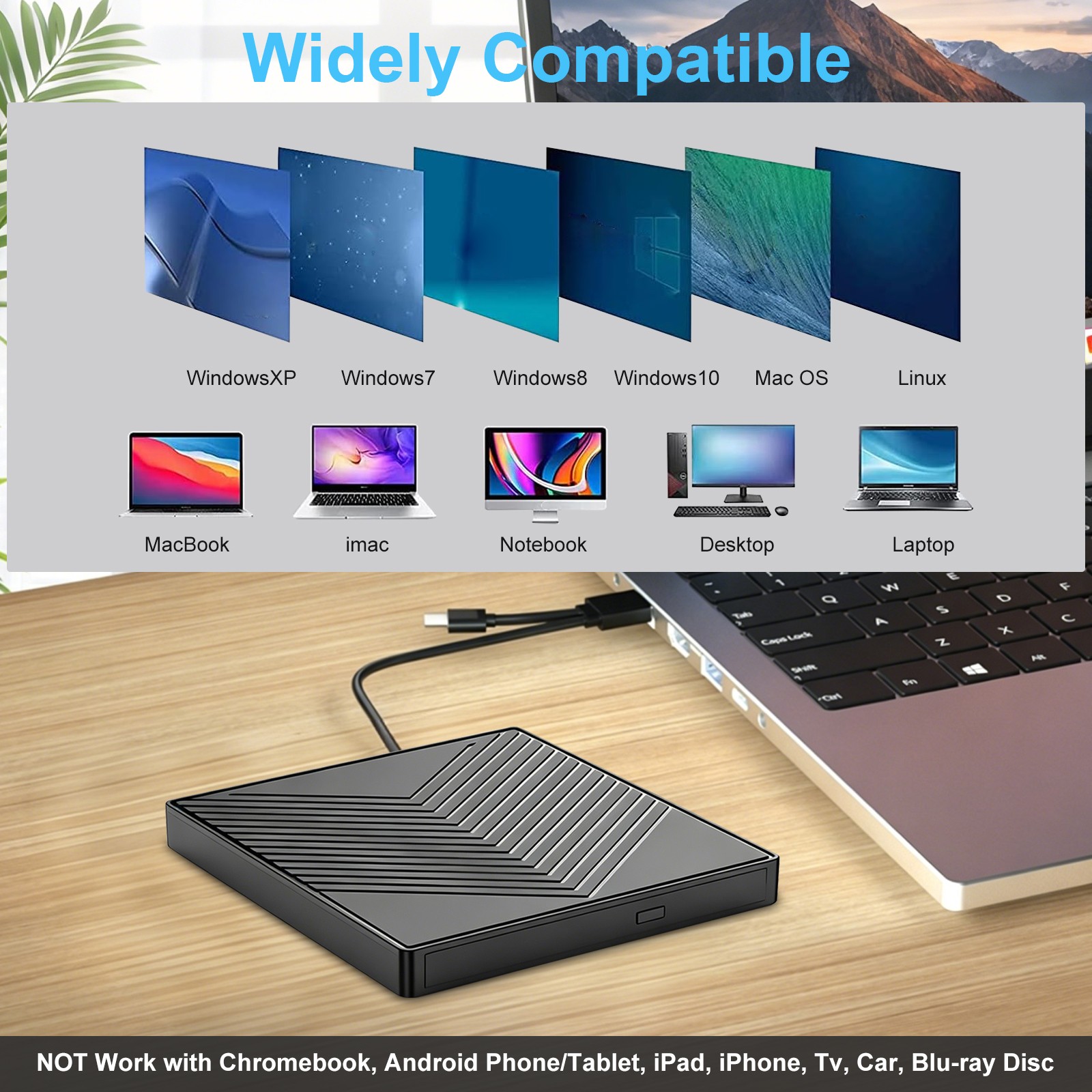 External CD DVD Drive for PC Laptop Windows 11 10 USB 3.0 Burner Reader Writer