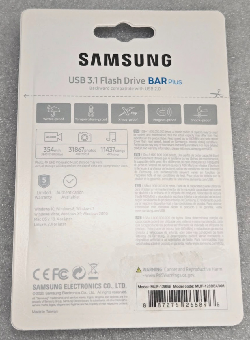 Samsung BAR Plus 3.1 USB Flash Drive 128GB 400MB/s MUF-128BE4/AM Titan Grey