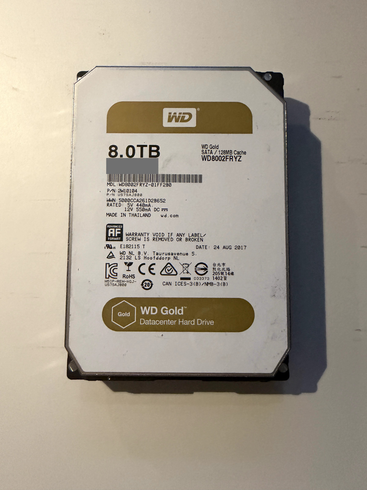 Western Digital WD Gold 8TB 3.5in SATA Enterprise HDD WD8002FRYZ SMART Tested