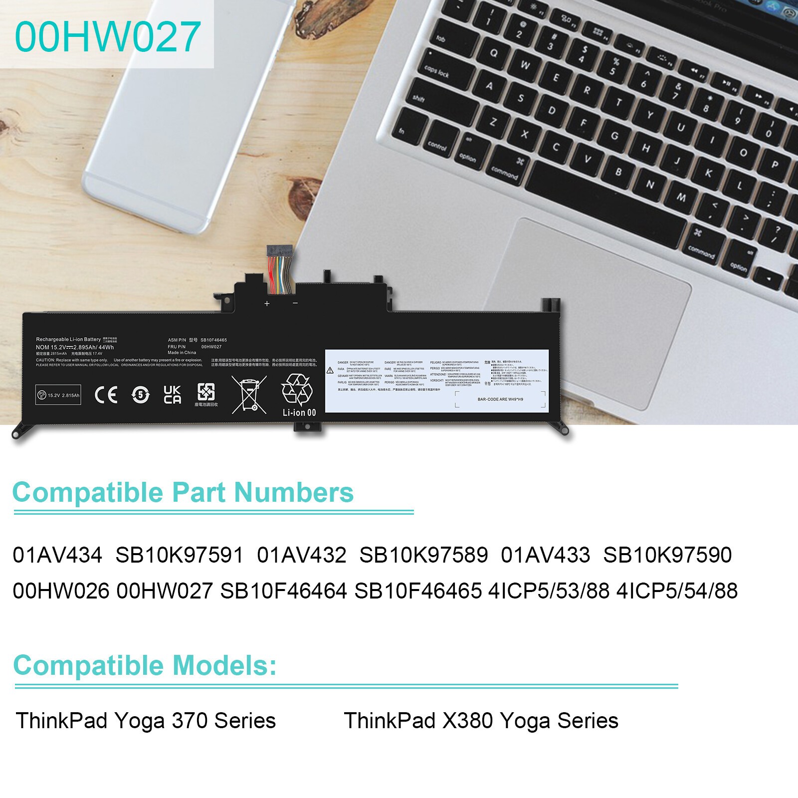 LOT 01AV432 Battery For Lenovo ThinkPad Yoga 12 X260 370 X380 00HW027 15.2V 51Wh