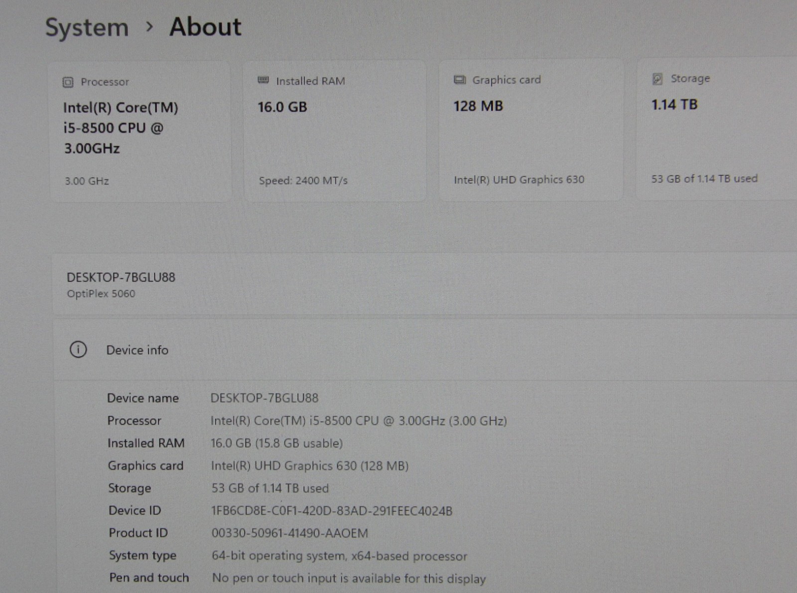 Dell Optiplex 5060 SFF i5-8500 3.0GHz 250GB NVMe SSD / 1TB HDD 16GB Win 11 Pro