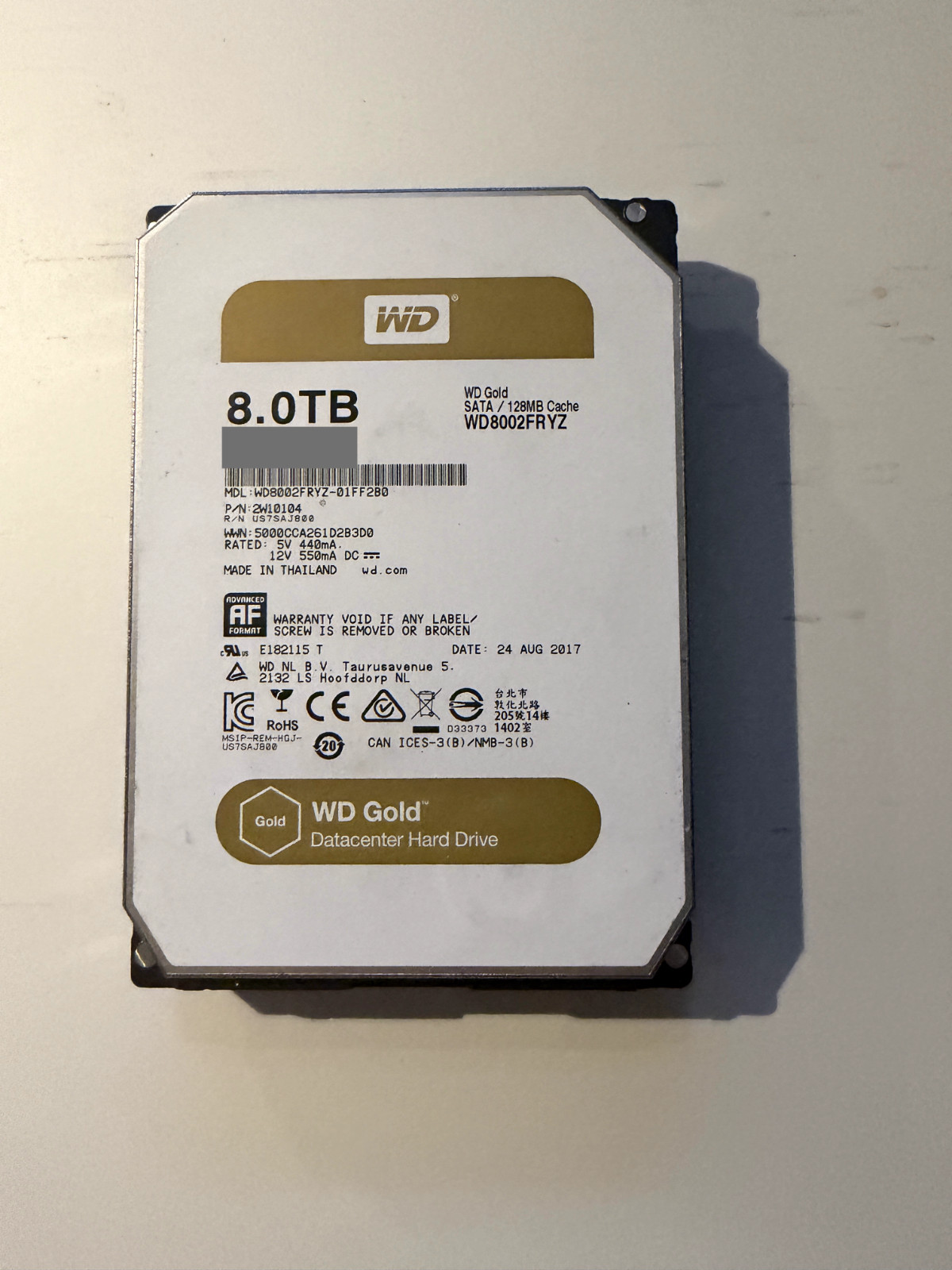 Western Digital WD Gold 8TB 3.5in SATA Enterprise HDD WD8002FRYZ SMART Tested